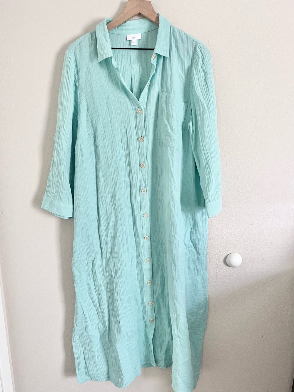 J. Jill Aqua Mint Button Front Maxi Shirt Dress Sz Large Coastal Pocket Long